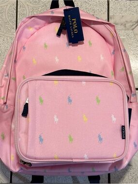 New Polo Ralph Lauren Canvas All Over Print Pony Logo Backpack Pink Lunchbox Set